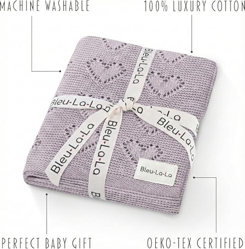 Image of Heirloom Heart Knit Baby Blanket for Girls 100% Cotton Knit Swaddling Baby Blanket - Soft Warm Cozy Swaddle Receiving Cuddle Stroller Blanket for Newborns, Infants, & Toddlers (Lavender)