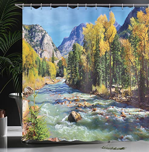 ABAKUHAUS Landscape Shower Curtain, Mountains of Colorado with Forest and River Summer Foliage Idyllic Photo - Image 3