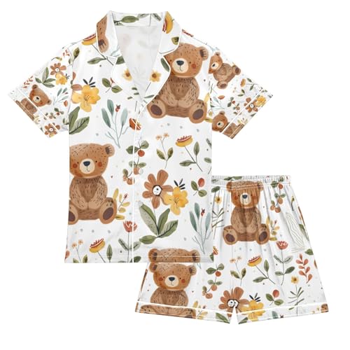 senya Cartoon Bears and Flowers A Satin Summer Pajama Sets Silk Short Sleeve Button Down Sleepwear