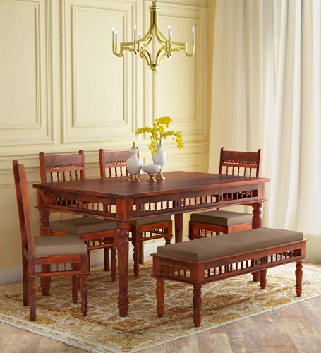 Image of Solid Wood 6 Seater Dining Table Set with 4 Chairs & 1 Bench | Premium Sheesham Wood Dining Set | Cushioned Seating | Classic Traditional Design for Dining Room