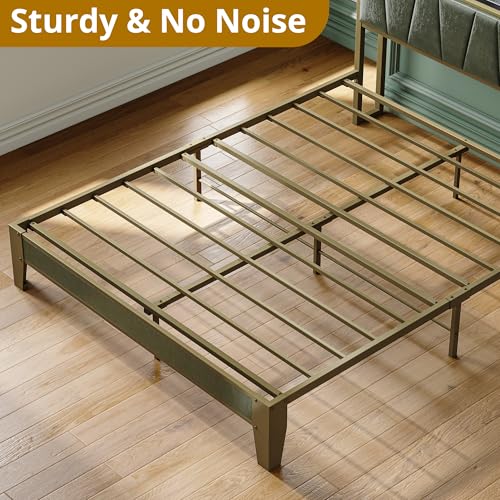 LIKIMIO Queen Bed Frame, Storage Headboard with Charging Station, Solid and Stable, Noise Free, No Box Spring Needed, Easy Assembly (Dark Green)