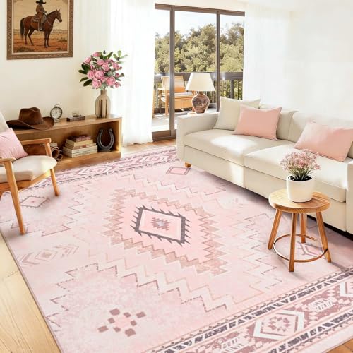 Alishomtll Wohnzimmer Kurzflor Teppich, Anti-Rutsch Weich Waschbar Küchenteppich, Vintage Geometrische Muster Teppich Läufer für Schlafzimmer Kinderzimmer Küche Eingang Rosa 160x230 cm