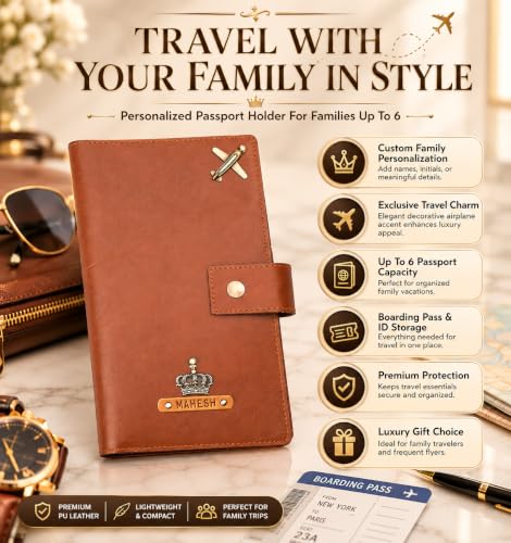 Image of The Junket Family Passport Holder for Up to 6 | Personalized Passport Cover with Custom Name & Charm | Premium Travel Document Organizer | Raksha Bandhan Gift for Travelers (Tan)