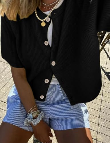 Women's Lightweight Cardigan Sweater Short Sleeve Button Down Crop Sweater Knit Casual Sweater Top4