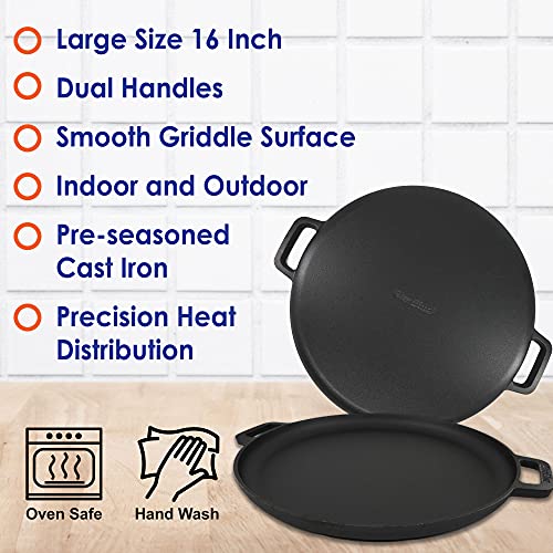 Starblue 16 Inch Cast Iron Pizza Pan Round Griddle With Free Silicone Handles And 30 Recipes Ebook– Pre-Seasoned Comal, Kitchen Essentials For Pizza Lovers, Baking, Grill, Bbq, Stove Oven Safe #TOP3
