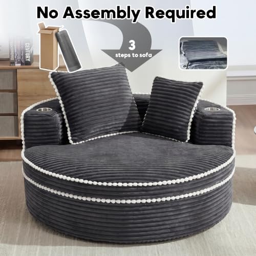Image of Oversized Round Chair Lounge Chaise Indoor, 54.3 inch Upholstered Corduroy Deep Seat Single Cloud Sofa Chair with Cup Holder, Modern Large Circle Boneless Sleeper Sofa for Living Room, Dark Grey