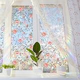 Runtoo Window Privacy Film Rainbow Rose Floral Window Clings 3D Decorative Vinyl Stained Glass Boho Pink Peony Flowers Decals Static Sticker Non-Adhesive, 15.75 x 40 inches