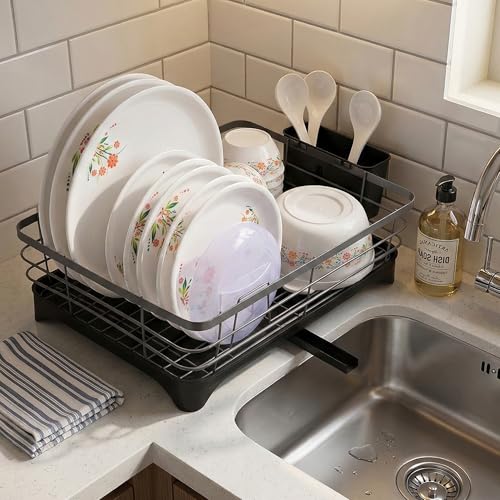 Image of Kuber Industries Stainless Steel Kitchen Drying Rack with Drain Tray & Cutlery Holder | Countertop Utensils Stand | Dish Rack for Kitchen | Bartan Stand | Gray