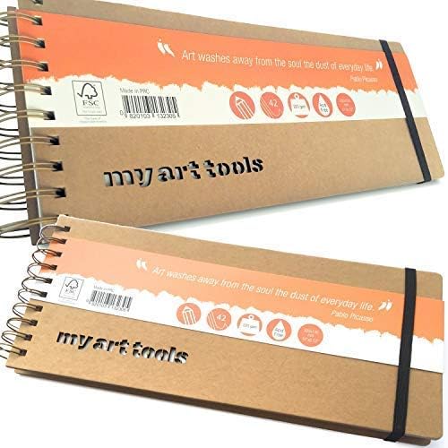 2 Pack Travel journals, 220gsm, 12 x 5 inch, 96 workable Pages for Pencils, charcoals, Watercolor wash or Mixed Media, my art tools Landscape Paper Format, Spiral Bound