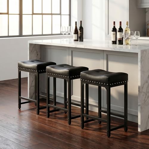 Image of Bar Stools Set of 3, Counter Height Bar Stools for Kitchen Island, 24 Inch Black Saddle Backless Barstools, Counter Height Stools with Thick Saddle Seats & Metal Base, Black