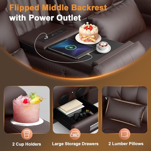 Image of Home Theater Seating, 3 Seat Power Recliner Sofa with Massage & Heat, Wall Hugger Reclining Loveseat with USB, RV Couch with LED Lights, Flip Backrest, Cup Holders for Movie Theater & Gaming Room