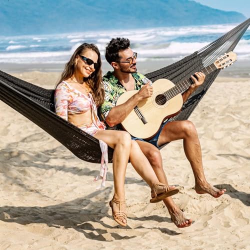 Image of Lazy Daze Hammocks Handwoven XL Mayan Hammock, 10.5 FT Soft Rope Double Hammocks, Portable Outdoor Hammock with Carry Bag, 2 Straps & Carabiners for Patio Outside, 550 lbs Weight Capacity, Gray
