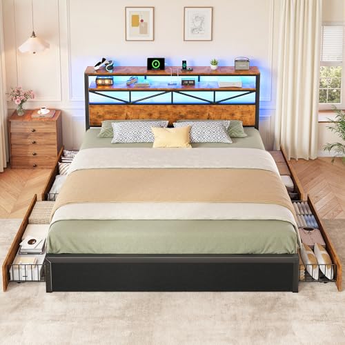 Image of Homkdom King Size Bed Frame with Large 4 Drawers, 2-Tier Shelf, LED Light and Charging Station, Heavy Duty Platform Bed with 880 lbs Capacity, Easy Assembly, Vintage Brown