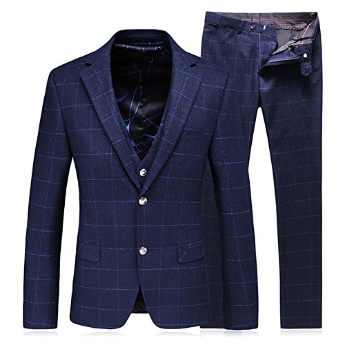 WEEN CHARM Mens 3-Piece Suit Slim Fit Plaid One Button Casual Wedding Blazer Jacket Tux Vest Pants Set