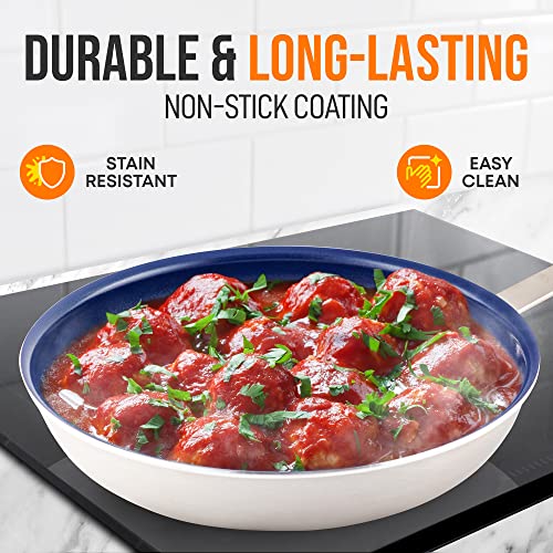 Nutrichef 8" Fry Pan With Lid - Small Skillet Nonstick Frying Pan With Lid, Silicone Handle, Ceramic Coating, Blue Silicone Handle, Stain-Resistant And Easy To Clean, Professional Home Cookware #TOP5