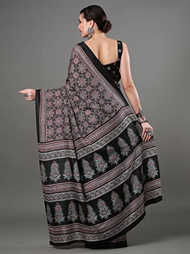 Image of SAREE MALL Women's Ajrak Block Print Dola Silk Saree With Unstitched Blouse Piece