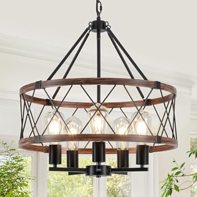 Farmhouse Chandelier for Dining Room,Rustic Wood Kitchen Island Light, 5-Light Round Foyer Lighting Fixture Industrial Drum Chandelier for Entryway Stairway,UL Listed