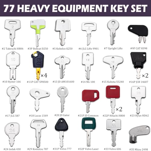 Image of 77 Equipment Master Keys, Heavy Construction Equipment Machiney Key Set fit Cat JCB Case John Deere Volvo JLG Terex Komatsu Kubota Yanmar Daewoo Forklifts Hyster Hitachi and More