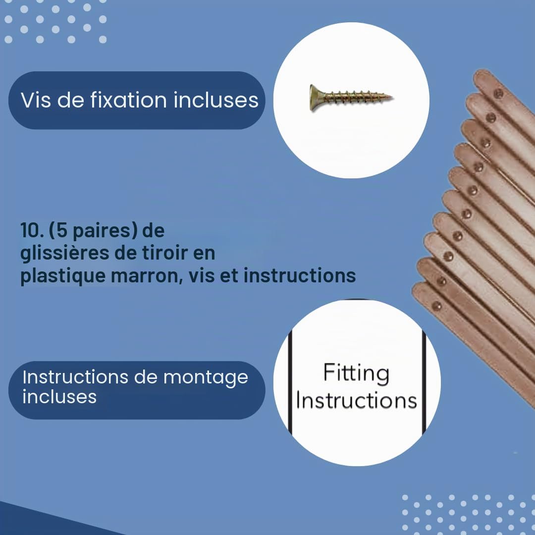 Lot de 10 (5 paires) de glissières de tiroir en plastique marron avec vis et instructions pour meubles Kevagh