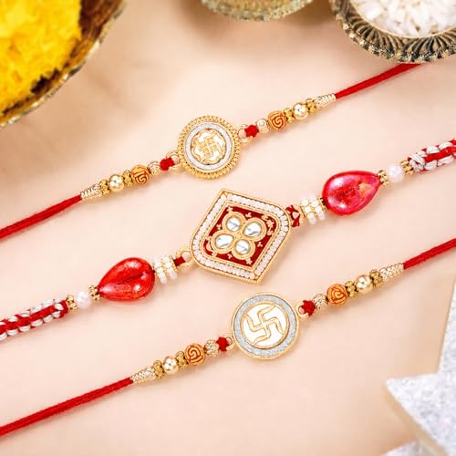 Image of Peora Rakhshabandhan Thread Rakhi for Brother Bhaiya | Crystals & Kundan Studded | Combo, Set of 3 | Rakhi Hamper with Roli Chawal & Greeting Card