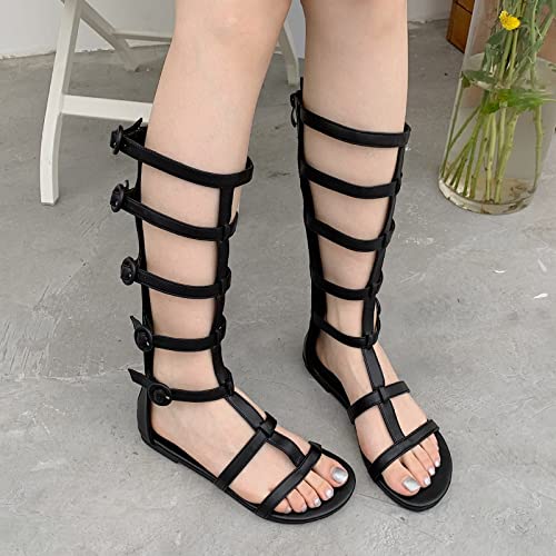 Hbeylia Womens Knee High Caged Gladiator Strappy Flat Sandals,Sandals for Women Flat,Summer Strappy Lace Up Open Toe Fashion Knee High Flat Sandal Gladiator Sandals4