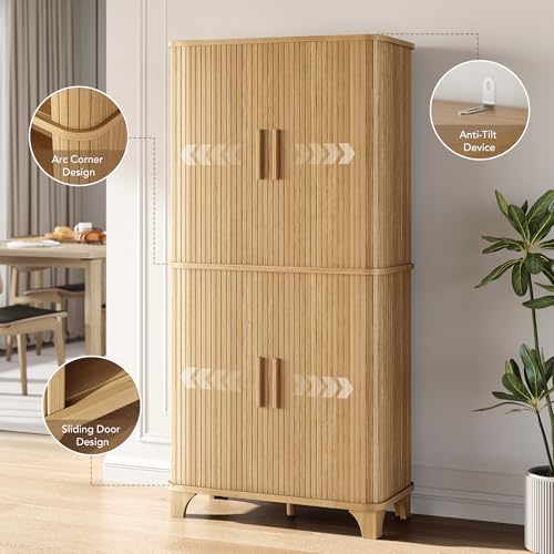 Image of Decofy 69 inch Tall Kitchen Pantry Storage Cabinet with Sliding Door, Modern Curved Edge Pantry Storage Cabinet with 5 Shelves, Cupboard for the Kitchen, Dining Room, Bedroom, Living Room, Office (Oak)