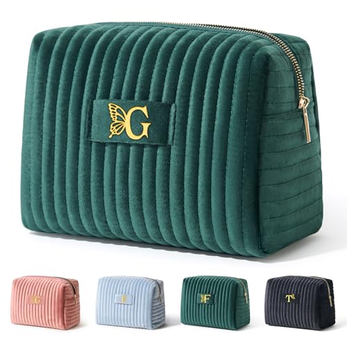 Image of COSHAYSOO Travel Makeup Bag Quilted Make Up Pouch Initial Cosmetic Case with Butterfly Decor for Women SPF Sunscreen Contour Stick Beauty Blender Highlighter Concealer Organizer Green Letter G