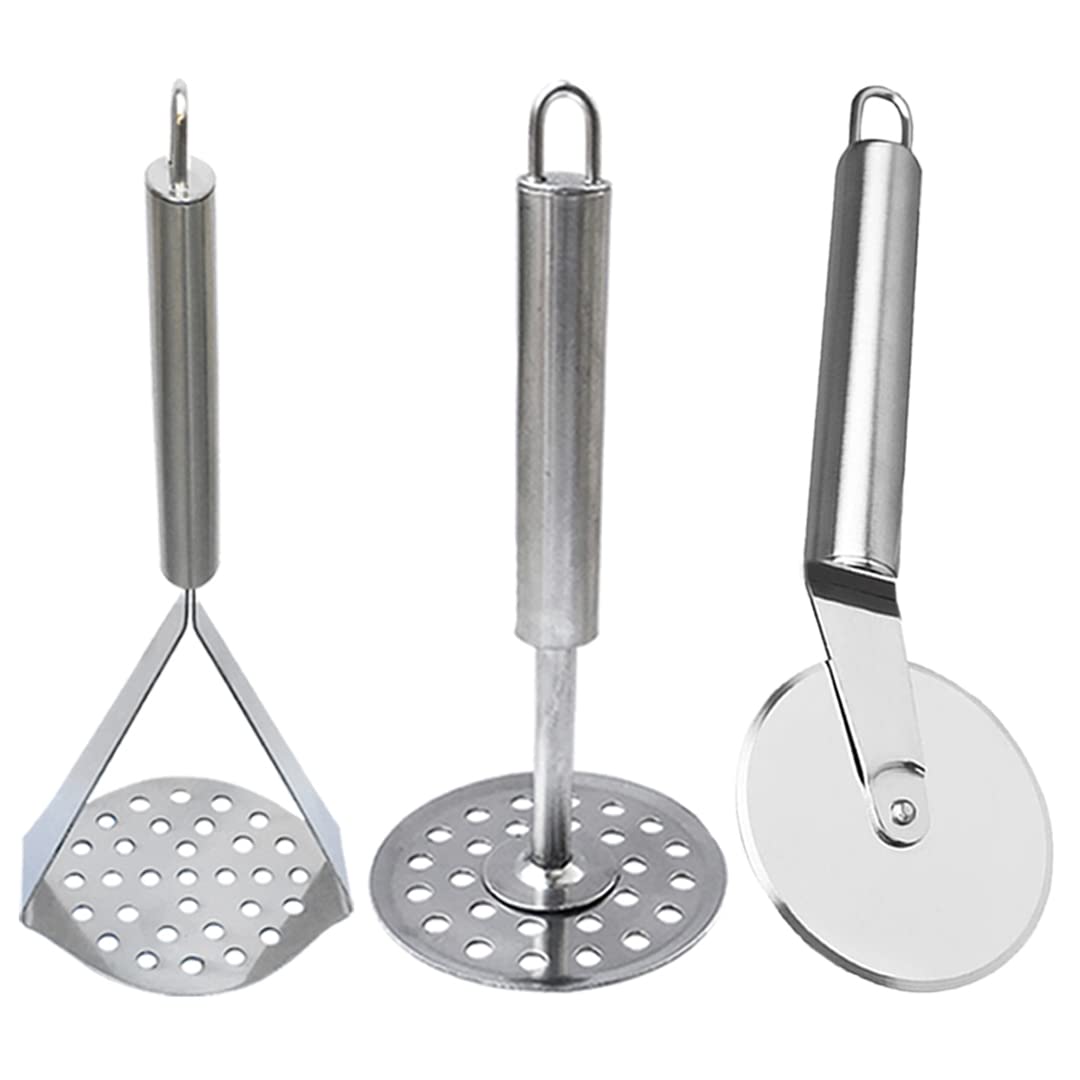 Stainless Steel Pizza Cutter & (Pack of 2) Potato Masher/Vegetable Masher/Pav Bhaji Masher for Kitchen