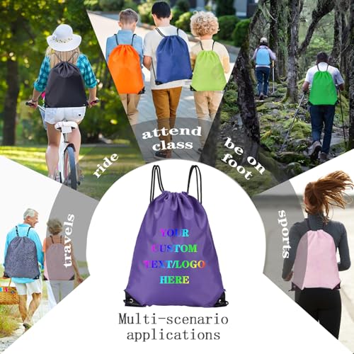 Custom Bags With Your Logo Set of 100 Custom Backpack Draw String Bags Pack Bulk for Travelling Swimming Gym Everyday Use (Purple)