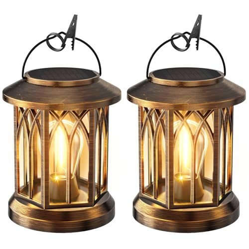 GEARLITE Solarlampen für Außen Garten Hängend, 2 Stücke Solar Laternen für Draußen mit Warmweißem Lichter, IP65 Wasserdichte Solarleuchten mit Clip für Außen Balkon (Kupferfarbenes Dauerlicht)