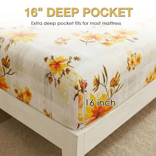 Image of JSD Rustic Yellow Floral Printed Queen Sheet Set Extra Deep Pocket | 4 Piece Soft Botanical Microfiber Sheets, OEKO-TEX Certified, Easy Care