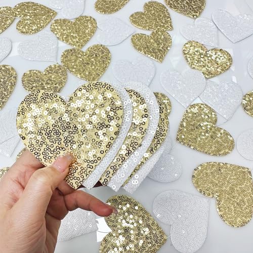 Image of Gold and White Heart Decorations Double Sided Sequin 3D Heart Hanging Wall Art Ornament Garland for Nursery Classroom Bedroom Valentines Day Holiday Christmas Weeding Anniversary Home Wall Decor