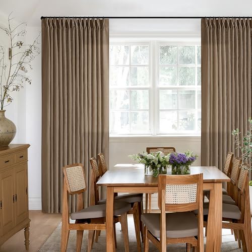 Image of TWODRAPES Dutch Cocoa 90 Inch Linen Curtains Pinch Pleated Living Room Bedroom Dining Boho Brown Light Filtering Pinch Pleat Drapes Hooks Rings Back Tab Semi Sheer Dark Brown Window Curtains 2 Panels