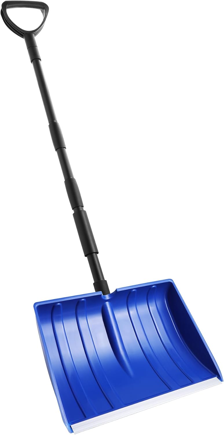 Yocada Snow Shovel 55 inch Long for Driveway Home Garage Snow Removal with D-Grip Handle Aluminum Strip Large Capacity Shovel for Garden Car Camping Outdoor Blue