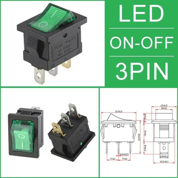 Interruptor de alimentación basculante KCD1 de 21x15mm para paneles electrónicos de 10A 2