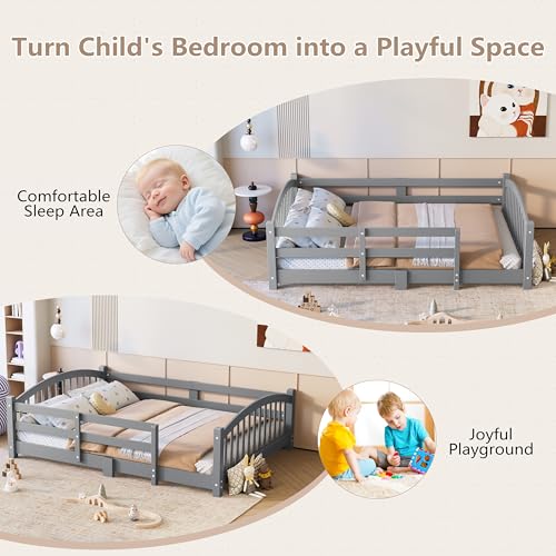 Image of Bellemave Full Size Kids Montessori Floor Bed,Full Size Floor Bed Frame with Slats and Safety Guardrail,Solid Wood Montessori Bed for Girls Boys,Gray