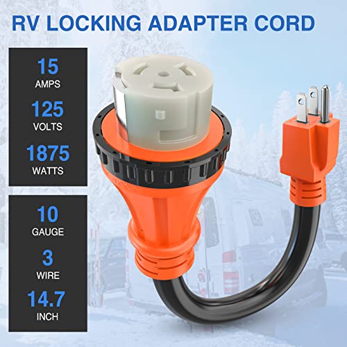 Image of Nilight RV Locking Adapter Cord 15 Amp to 50 Amp Pure Copper Heavy Duty 10 Gauge Wire ETL Listed 5-15P to SS2-50R 15M /50F Weatherproof Cord for RV Camper Caravan Van Trailer