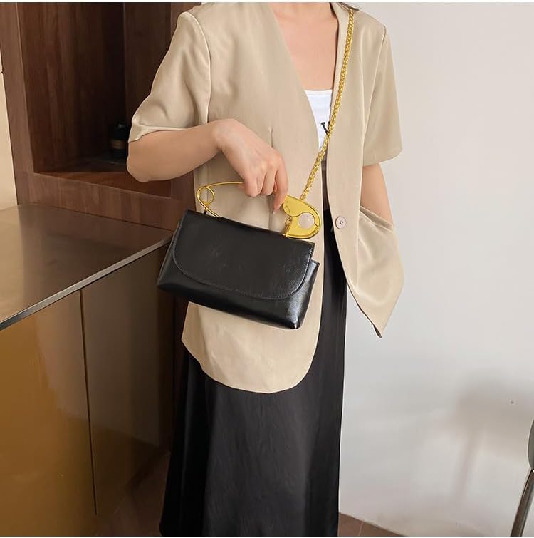 Women's Unique Safety Pin Crossbody Purse Leather Clutch Bag With Gold Handles Chain - Image 6