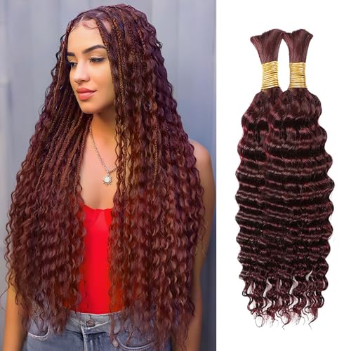 Human Braiding Hair for Boho Braids 100% virgin Human Hair 110g 16-24 Inch Curly Knotless 12A Deep Wave Bulk Bohemian Braiding Hair for 2 Bundles/Pack Extensions (99J-Deep Wave, 22 Inch)