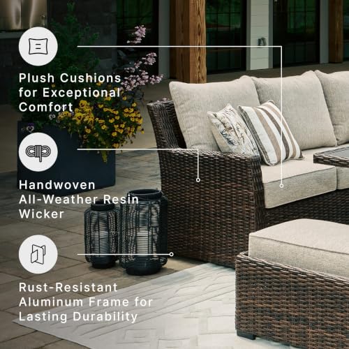 Image of Signature Design by Ashley Brook Ranch Outdoor Sectional, 3-Piece Patio Furniture Set with Rust-Free Aluminum Frame, L Shaped Resin Wicker Couch and Bench for Backyard Entertaining, Beige & Brown