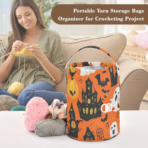 Image of Tatenale Crochet Bag Yarn Bag Knitting Project Bag with Pockets and Handle Portable Yarn Storage Organizer Tangle Free 8.3x11 InchFunny Orange Halloween Bat Castle Ghost Pumpkins17