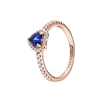 PANDORA Timeless Anello con cuore placcato in oro rosa 14 k con zirconi cubici trasparenti e cristallo blu crepuscolare, 60