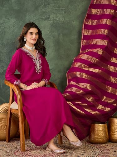 Image of Naixa Women's Vichitra Silk Embroidered Straight Kurta with Pant And Dupatta Sets (NX-823)