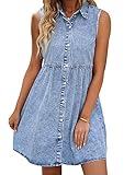 LookbookStore Blue Denim Dress Womens 2024 Summer Blue Jean Dresses Denim Babydoll Sleeveless Dress Button Down Denim Dress Women Casual Summer Size L Babydoll Jean Dress Size 12 14