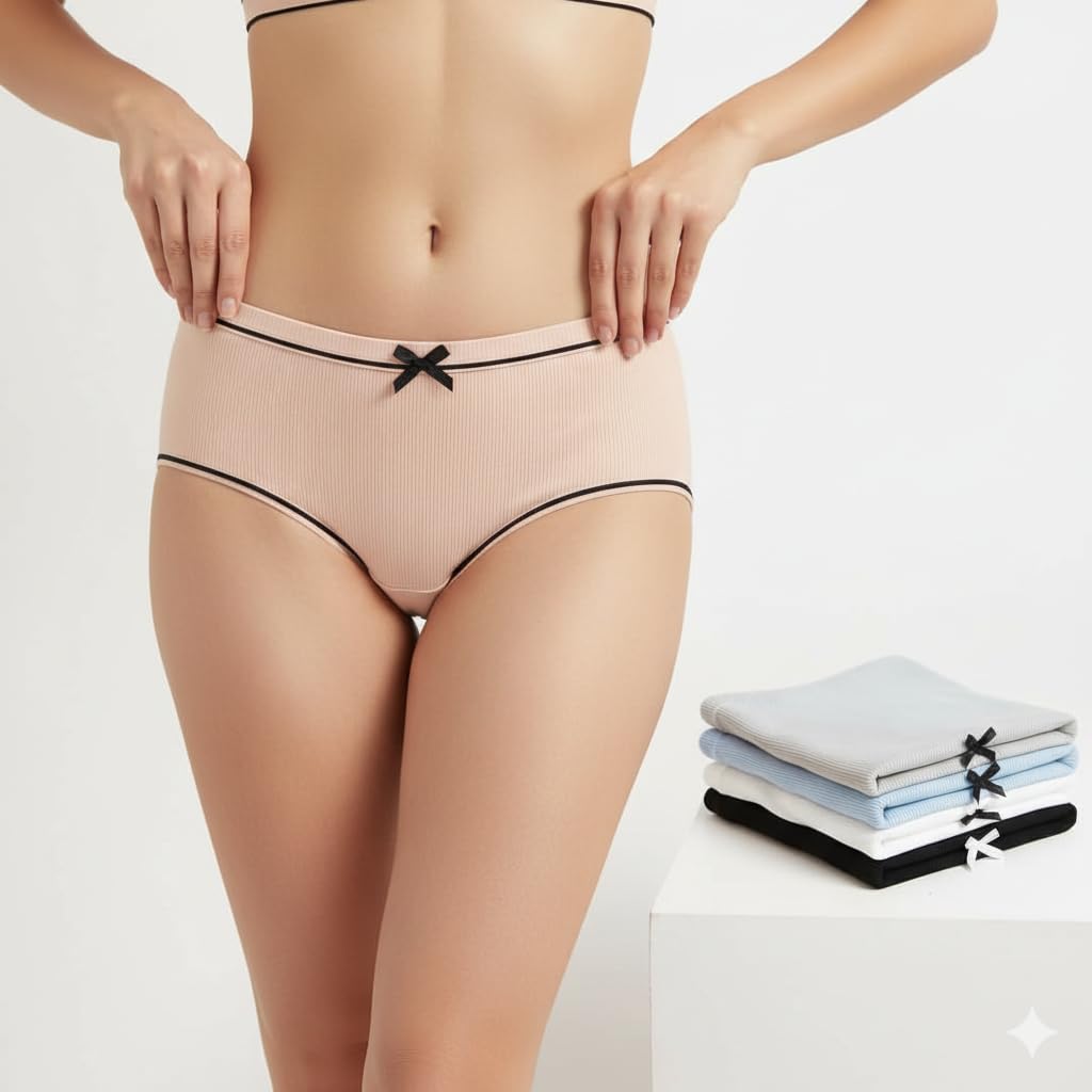 Women’s Cotton Mid-Waist Bikini Panty Set – Soft Breathable Stretchable Innerwear with Bow Design (Multicolor)-image-33