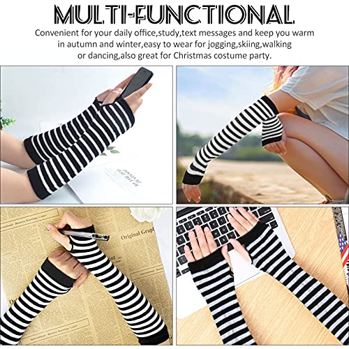 Elfcool 2/4 Sets Womens Long Striped Knee High Socks Knit Fingerless Arm Warmers for Halloween Christmas3