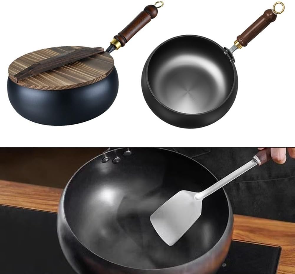 Hand Forged Iron Pot Big Belly Uncoated Skillet Heavy Base Even Heat Retention For Stir-Fry Searing Saute Home Kitchen Cooking Pan 26.5 X 13.5 X 27.5 Cm(28cm pot+wooden lid)