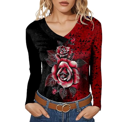 Damen Langarmshirt mit Rosen-Motiv - V-Ausschnitt Oberteil im zweifarbigen Design | stilvolles Shirt mit floralem Druck für besondere Akzente Damen Langarmshirt mit Rosen-Motiv - V-Ausschnitt Oberteil im zweifarbigen Design | stilvolles Shirt mit floralem Druck für besondere Akzente