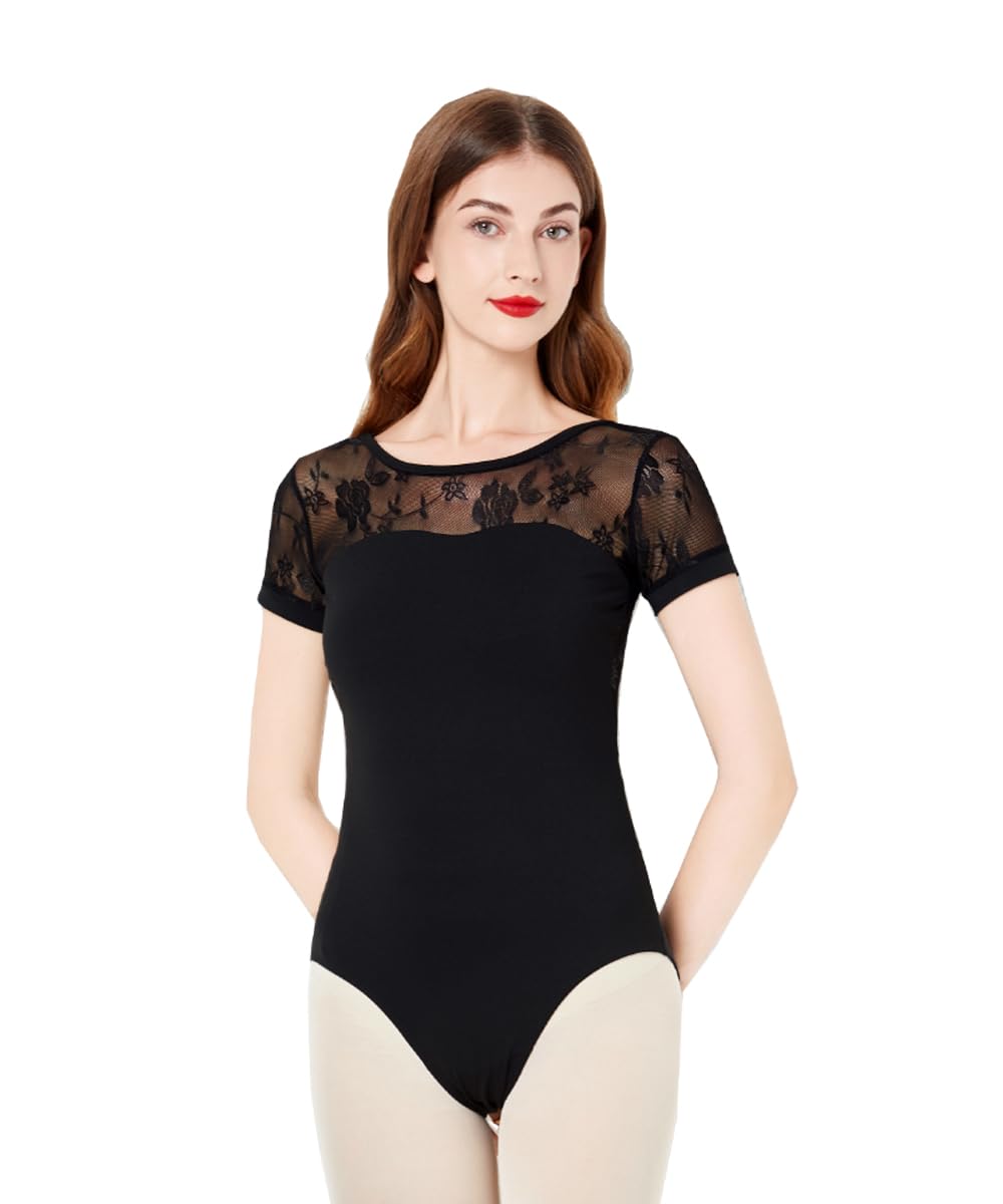 Lanbodance Women's Short Sleeve Ballet Leotard Gymnastics Dance Adult leotard Bodysuit, Black Lace, Medium