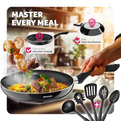 tectake® 15-Piece Aluminium Cooking Pot & Pan Set with Non-Stick Coating & Heat-Resistant Handles, Dishwasher-Safe Cooking Pot Set - 4 Pots, 2 Pans, 4 Glass Lids & 5-Piece Kitchen Utensils Set - Black - Image 5